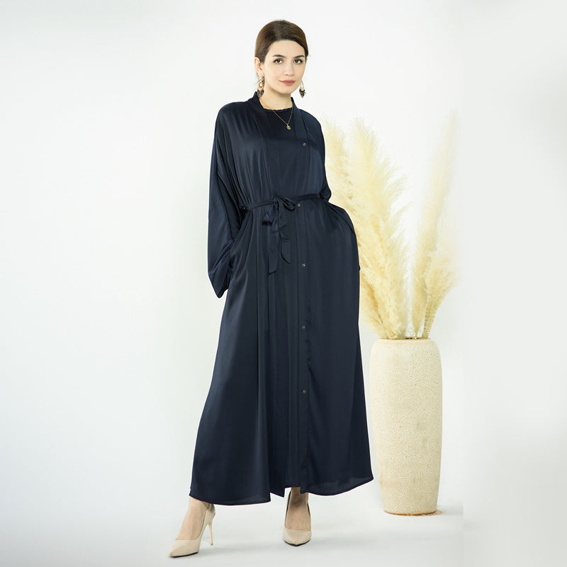 2 Pieces Set Cotton Blended Open Abaya Dress Set, With Outer Abaya And Inner Sleeveless Dress