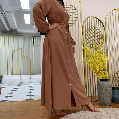 Muslim Button Up Abaya Dress With Stand Collar