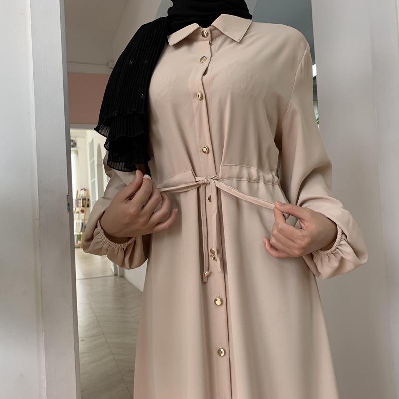 Muslim Button Up Abaya Dress With Stand Collar Urgarment