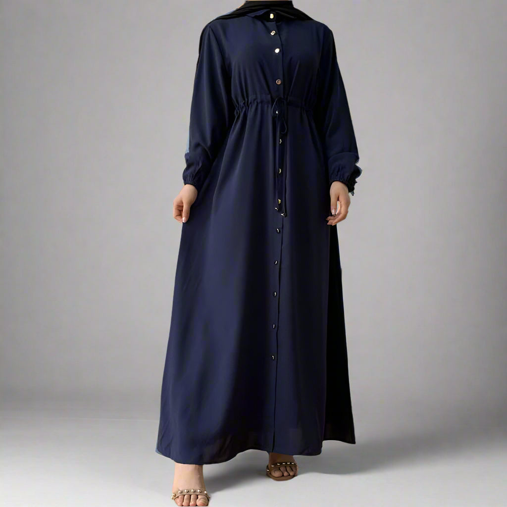 Muslim Button Up Abaya Dress With Stand Collar