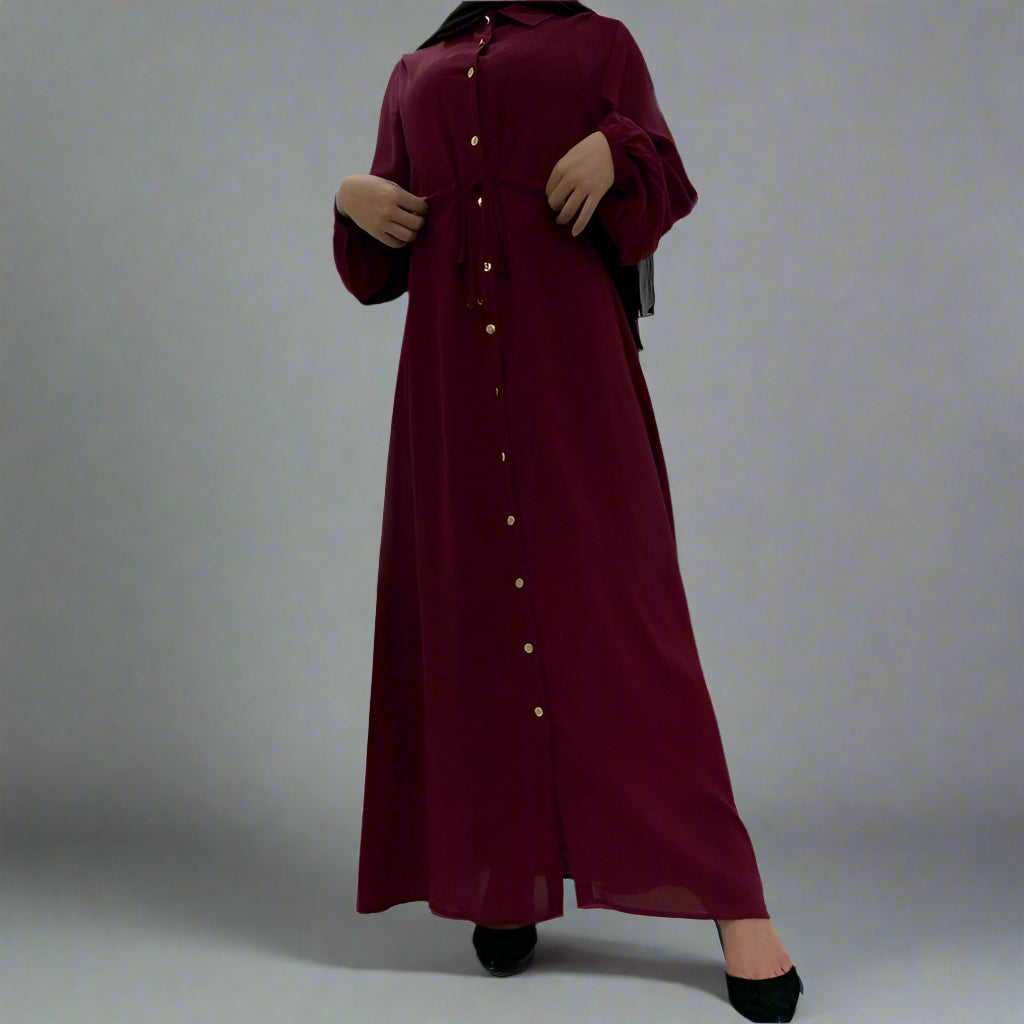 Muslim Button Up Abaya Dress With Stand Collar