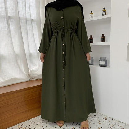 Muslim Button Up Abaya Dress With Stand Collar