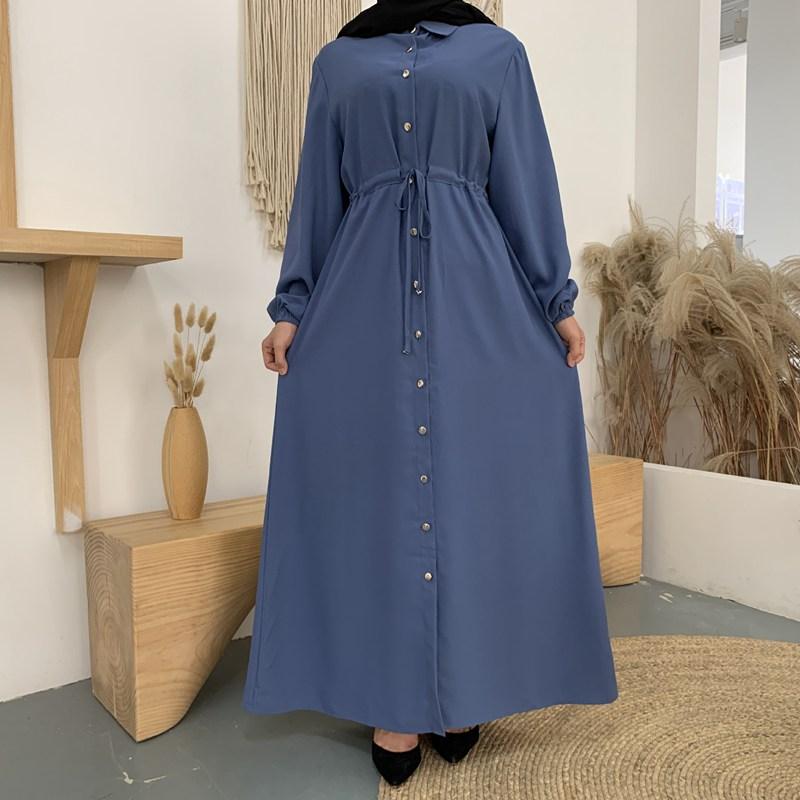 Muslim Button Up Abaya Dress With Stand Collar