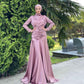 Muslim Women High Neck Elastic Waist Satin Abaya Dress