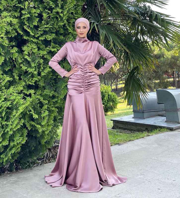 Muslim Women High Neck Elastic Waist Satin Abaya Dress Urgarment Muslim Women High Neck Elastic Waist Satin Abaya Dress Urgarment