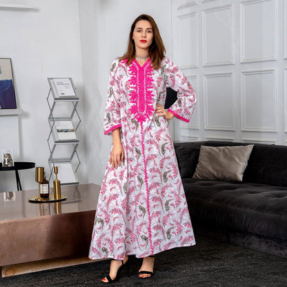 Floral Printed Cotton Kaftan Abaya Dress For Muslim Women