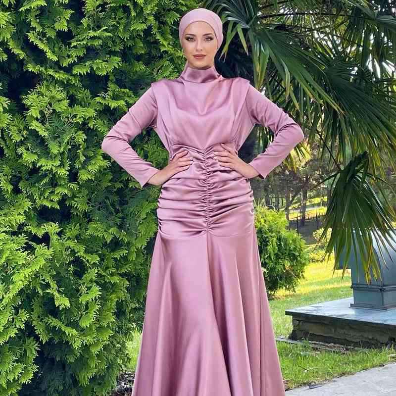 Muslim Women High Neck Elastic Waist Satin Abaya Dress – Urgarment