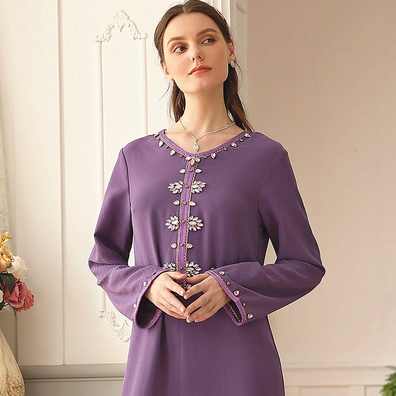 Hand-stitched Rhinestone Embroidery Purple Women Kaftan Dress With Beads