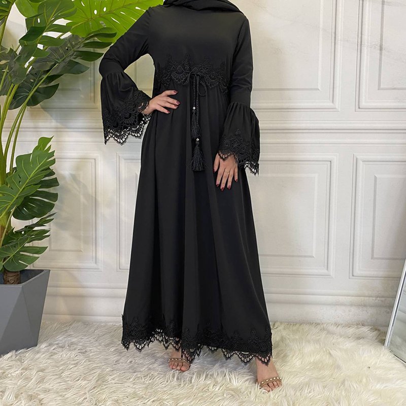 Modern Lace Black Abaya Dress For Muslim Women