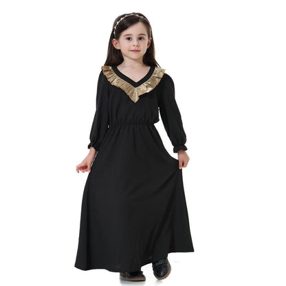 V-Neck Long Sleeve Abaya Dress For Girls Muslim Kids