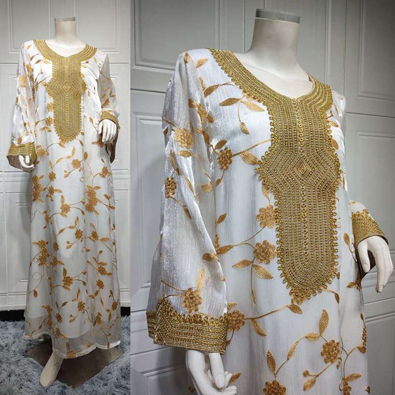 Embroidery Flowers Mesh Muslim Women Kaftan Evening Dress