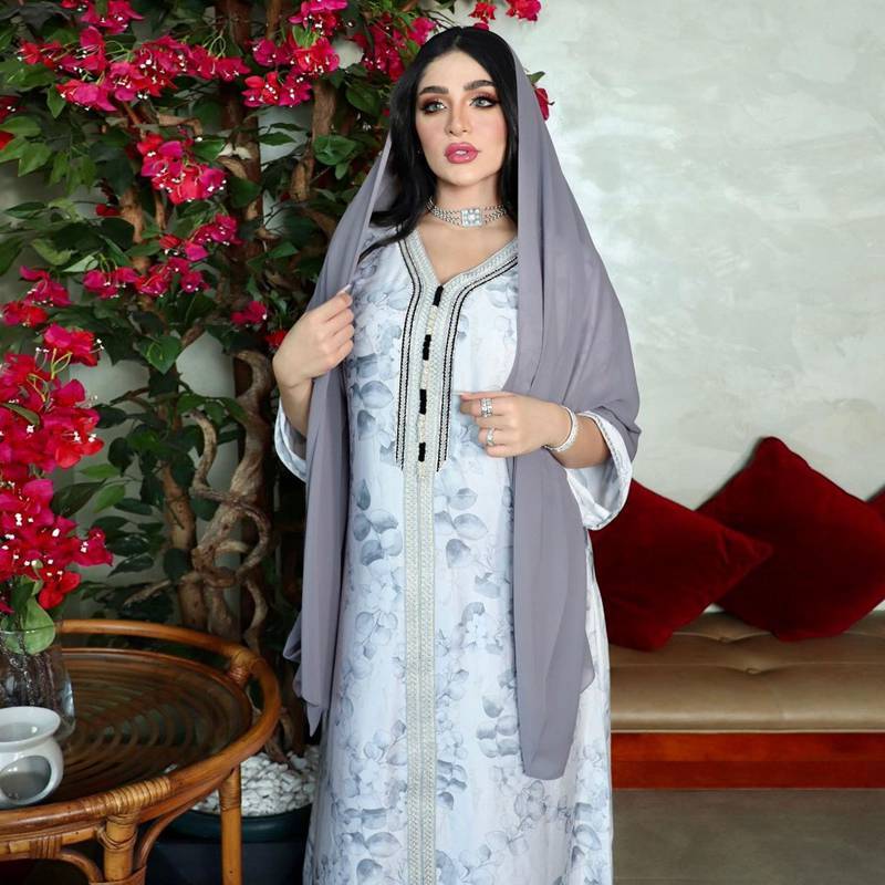 Eid Light Color Flower Printed Kaftan Dress Jalabiya For Muslim Women