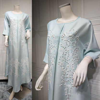 EID Ramadan Women Printed Abaya Kaftan Dress With Pearl
