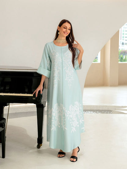 EID Ramadan Women Printed Abaya Kaftan Dress With Pearl