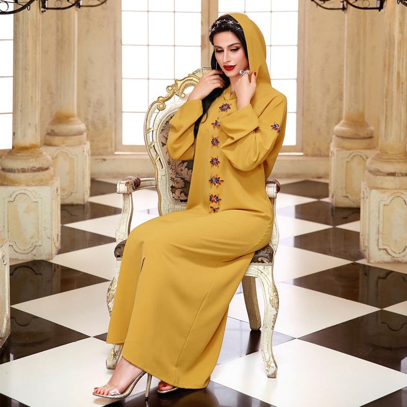 Hooded Elegant Rhinestone Long Femme Djellaba Women Abaya Kaftan Dress Jalaba