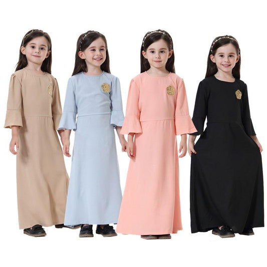 Fashion Simple Girls Abaya Dress Muslim Clothing Kids