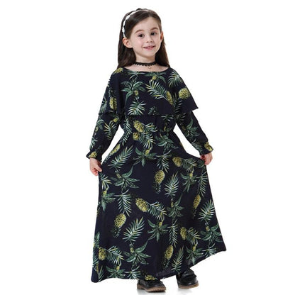 Muslim Girl Fashen Wear Flower Printed Long Abaya Dress