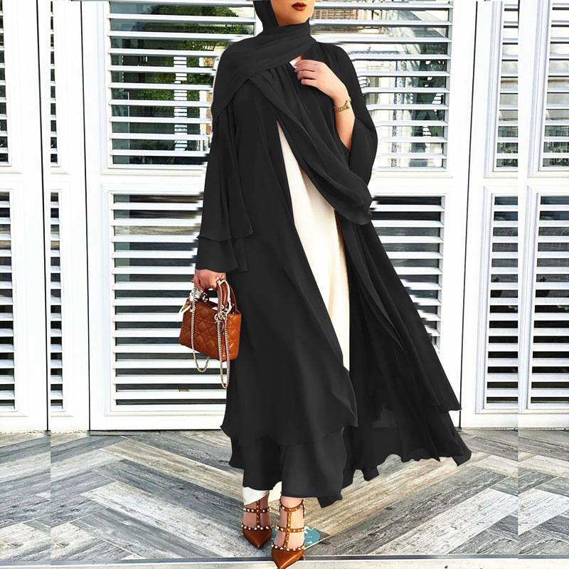 Muslim Women Solid Color Open Front Abaya Dress With Hijab