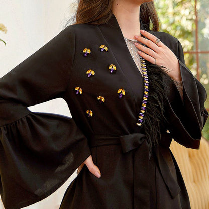 Hand-stitched Rhinestone Open Abaya Dress With Feather For Muslim Women
