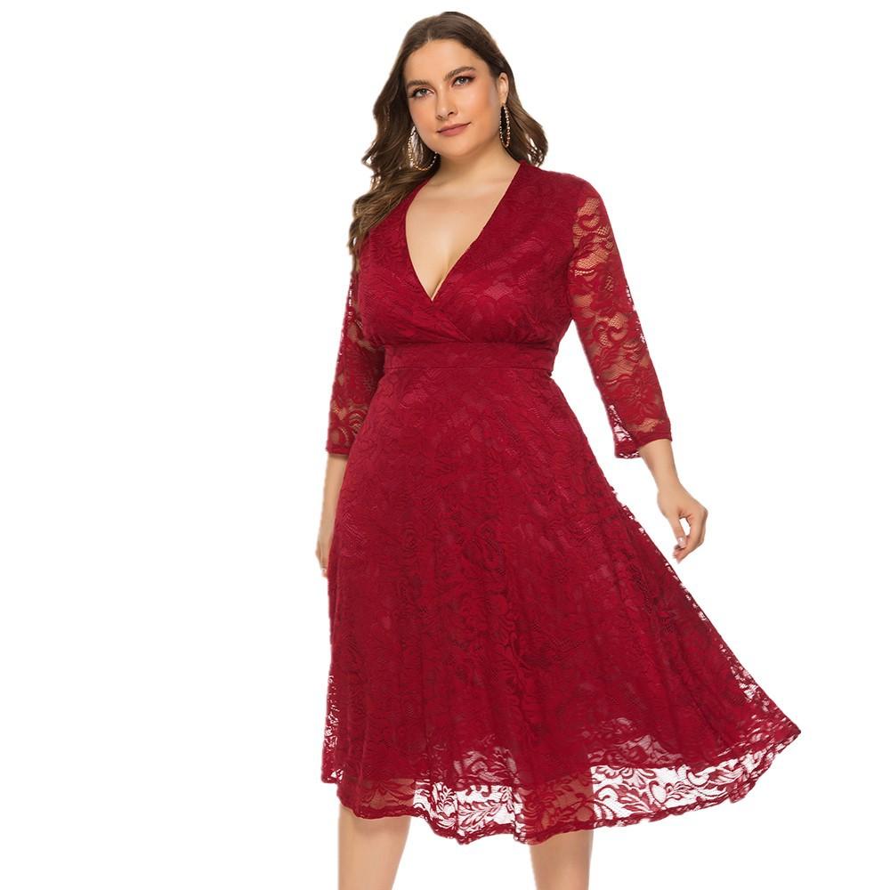 Plus Size Red Lace Evening Formal Dress
