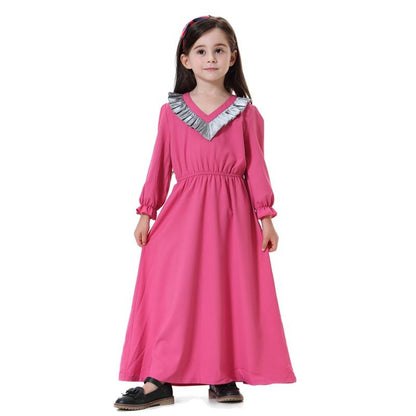 V-Neck Long Sleeve Abaya Dress For Girls Muslim Kids