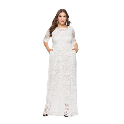 Elegant Plus Size Lace Women Maxi Wedding Formal Dress With Pocket For Mother Of The Groom/Bride